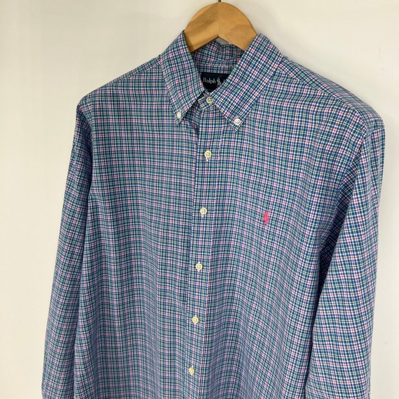 Polo Ralph Lauren Mens Button Down Shirt Size L Plaid Long Sleeve Pink Pony Logo - Picture 4 of 11